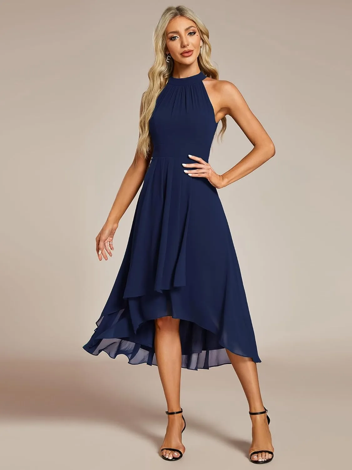 Ever-Pretty Women's Sexy Halter Neck Pletaed Sleeveless Hi-Lo Chiffon Wedding Guest Dress 31926