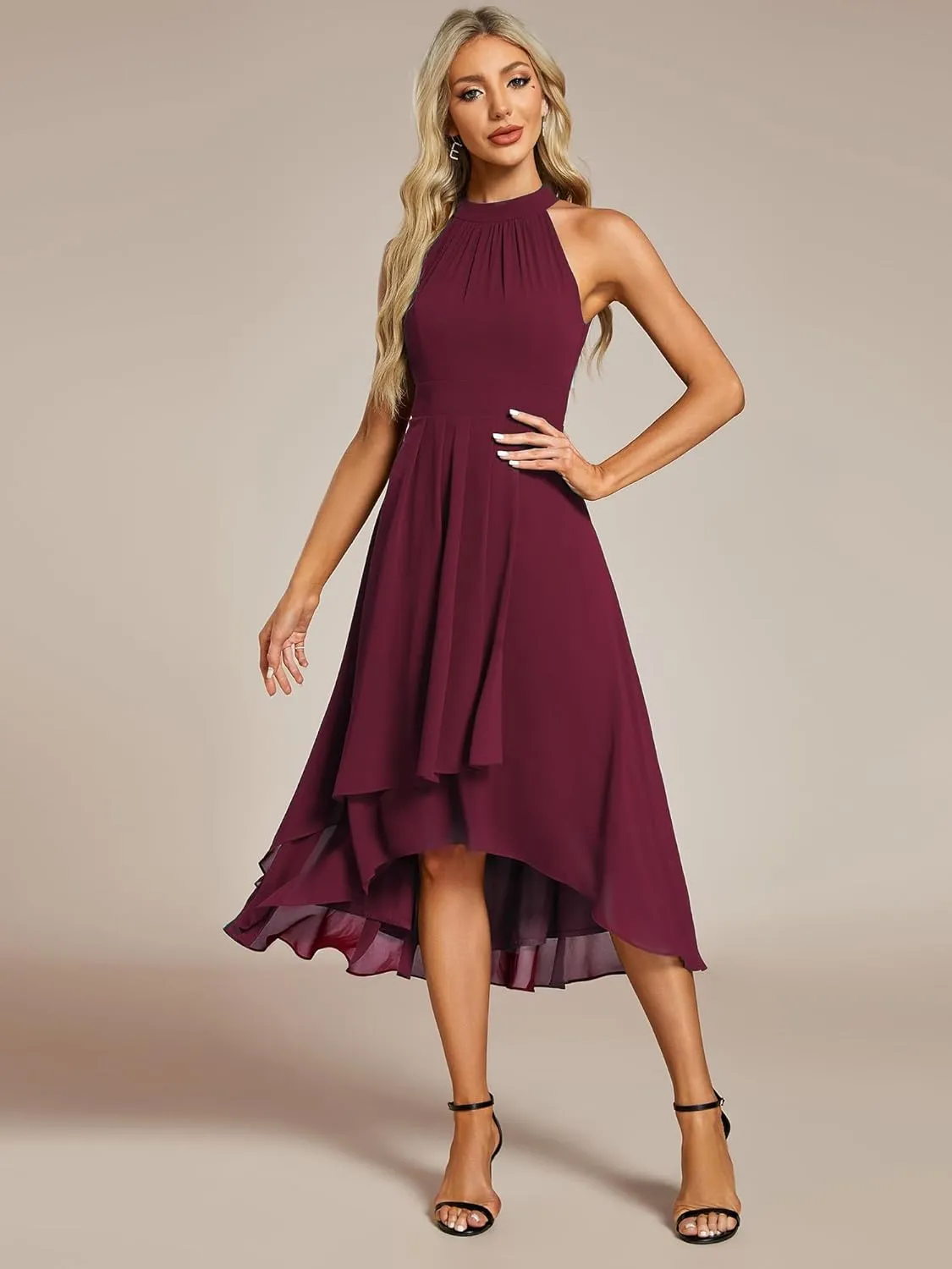 Ever-Pretty Women's Sexy Halter Neck Pletaed Sleeveless Hi-Lo Chiffon Wedding Guest Dress 31926