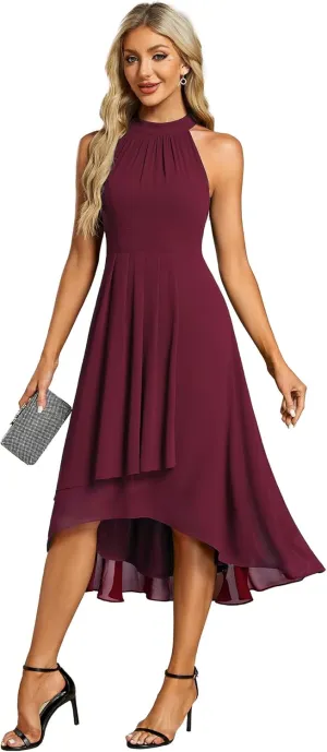Ever-Pretty Women's Sexy Halter Neck Pletaed Sleeveless Hi-Lo Chiffon Wedding Guest Dress 31926