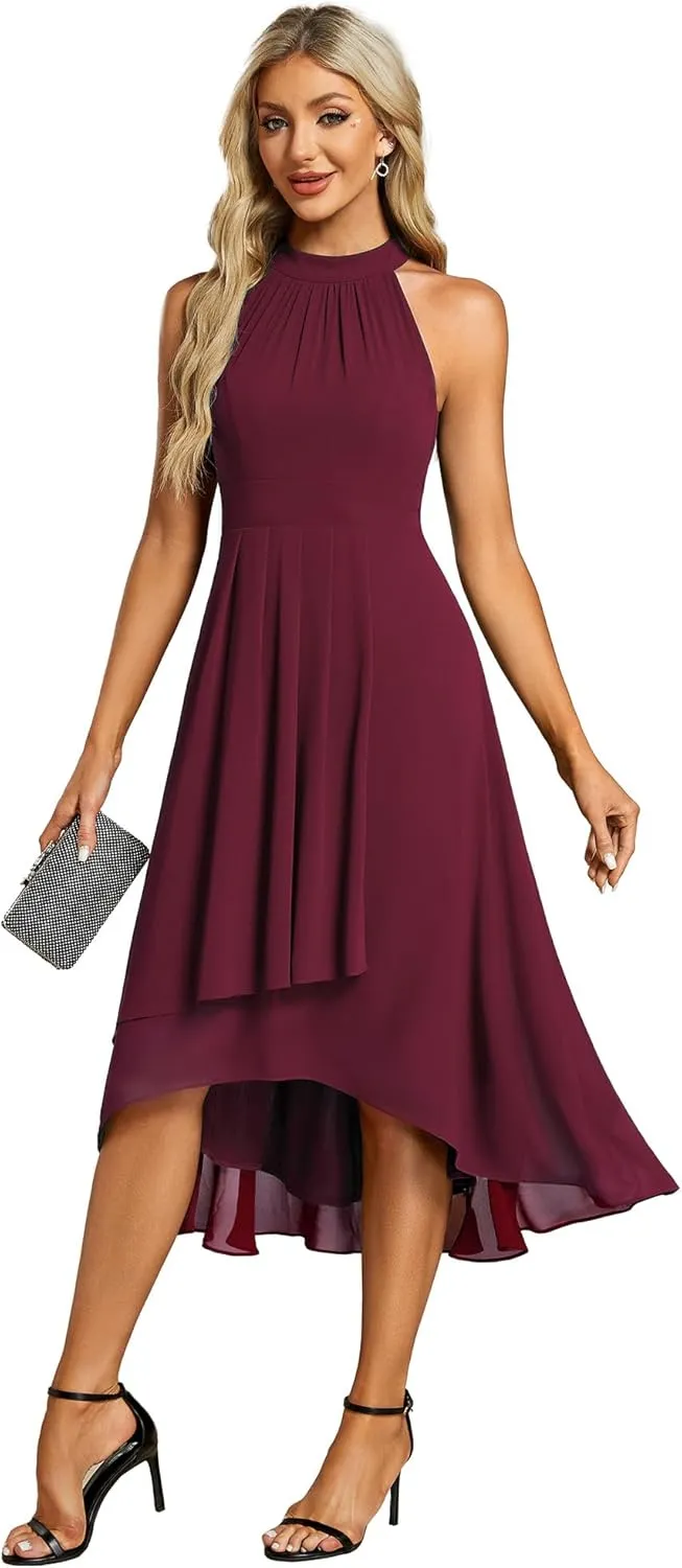 Ever-Pretty Women's Sexy Halter Neck Pletaed Sleeveless Hi-Lo Chiffon Wedding Guest Dress 31926
