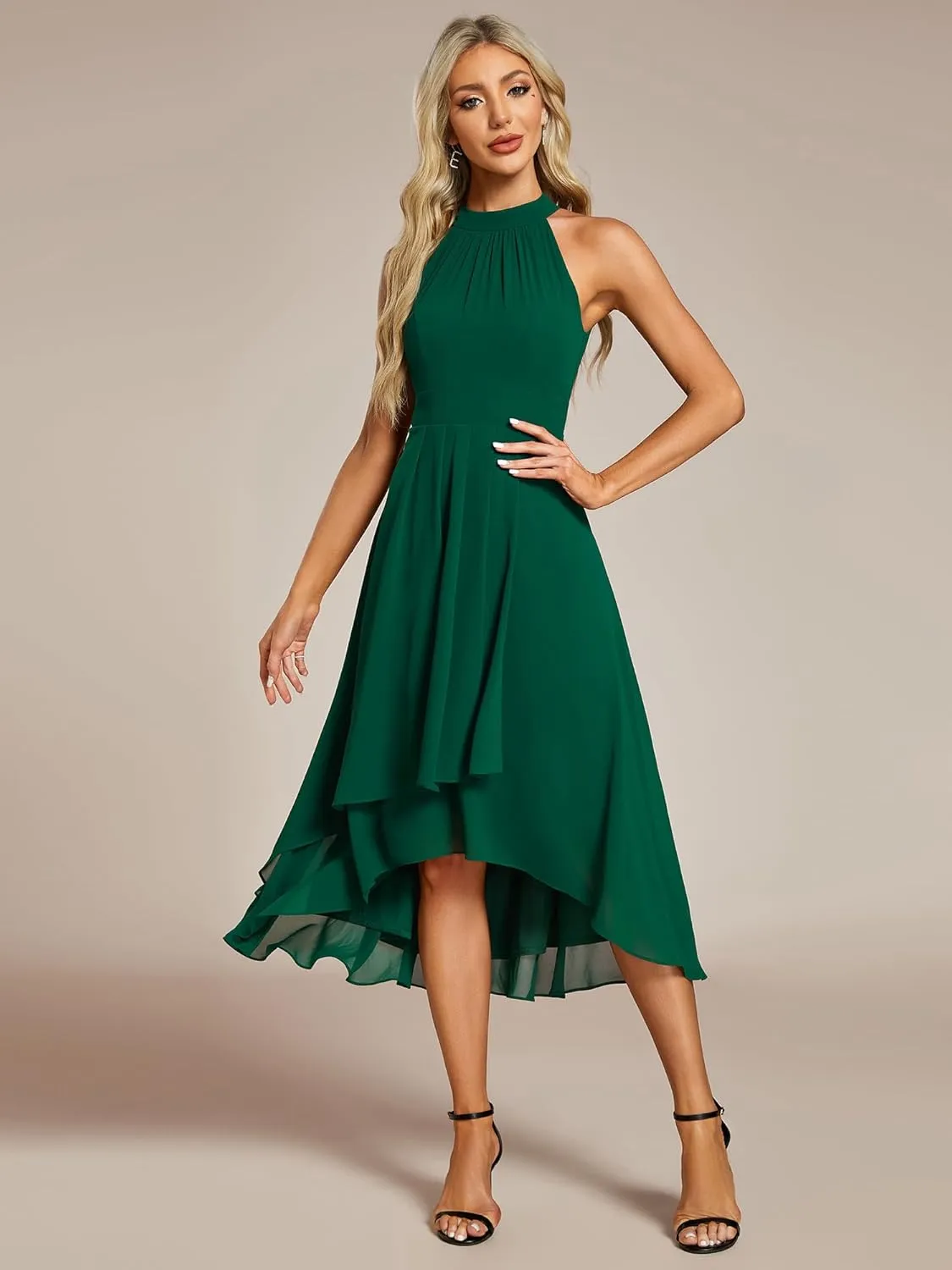 Ever-Pretty Women's Sexy Halter Neck Pletaed Sleeveless Hi-Lo Chiffon Wedding Guest Dress 31926