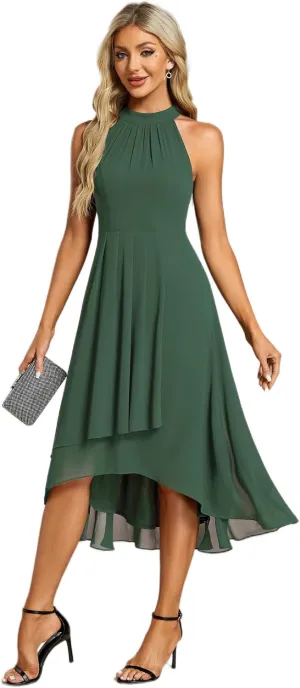 Ever-Pretty Women's Sexy Halter Neck Pletaed Sleeveless Hi-Lo Chiffon Wedding Guest Dress 31926
