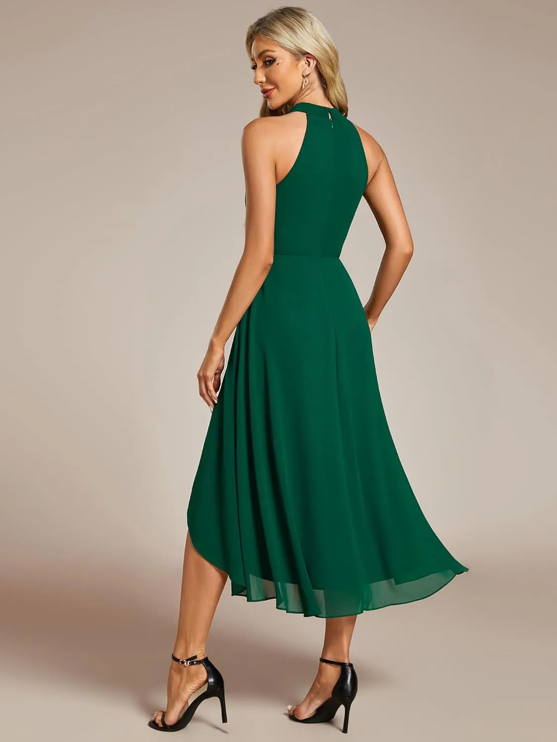 Ever-Pretty Women's Sexy Halter Neck Pletaed Sleeveless Hi-Lo Chiffon Wedding Guest Dress 31926