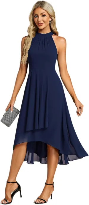 Ever-Pretty Women's Sexy Halter Neck Pletaed Sleeveless Hi-Lo Chiffon Wedding Guest Dress 31926