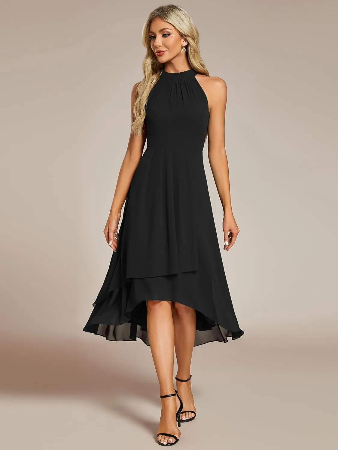 Ever-Pretty Women's Sexy Halter Neck Pletaed Sleeveless Hi-Lo Chiffon Wedding Guest Dress 31926