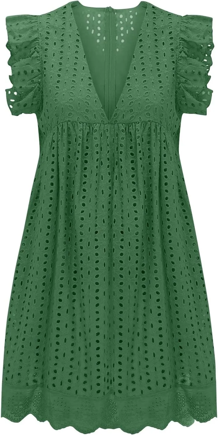 Eyelet Summer Dresses for Women 2025 Sexy V Neck Sleeveless Ruffle Lace Mini Dress Loose Beach Vacation Sundresses