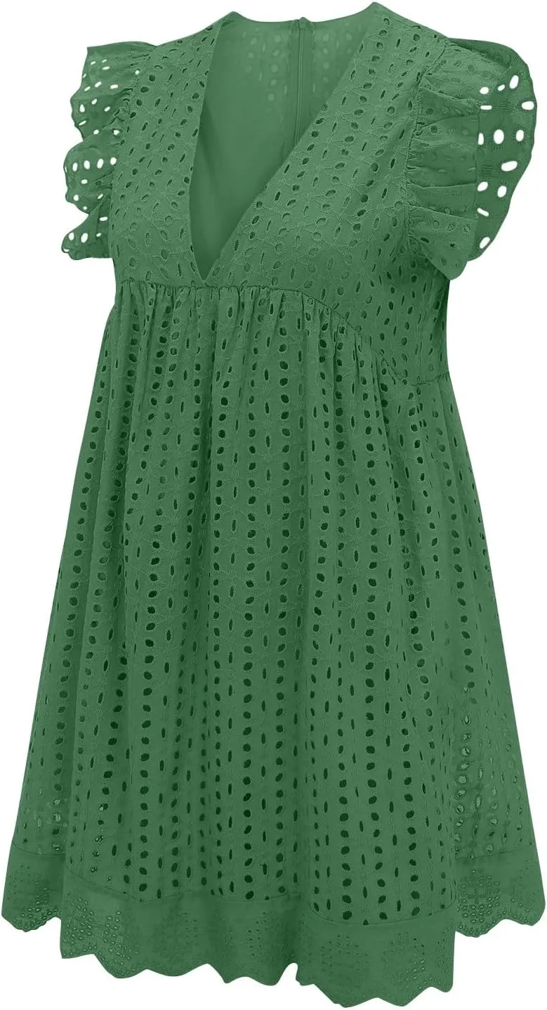 Eyelet Summer Dresses for Women 2025 Sexy V Neck Sleeveless Ruffle Lace Mini Dress Loose Beach Vacation Sundresses