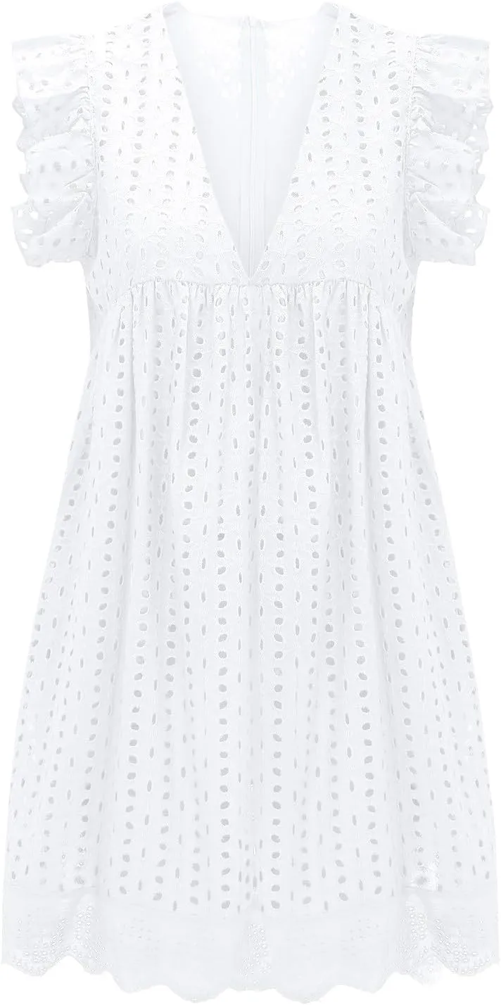 Eyelet Summer Dresses for Women 2025 Sexy V Neck Sleeveless Ruffle Lace Mini Dress Loose Beach Vacation Sundresses