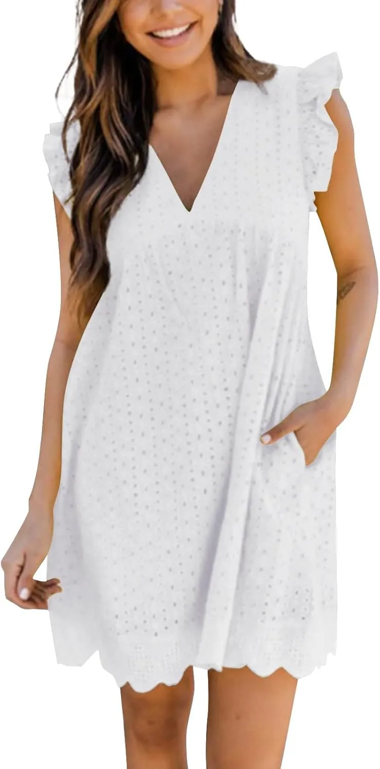 Eyelet Summer Dresses for Women 2025 Sexy V Neck Sleeveless Ruffle Lace Mini Dress Loose Beach Vacation Sundresses