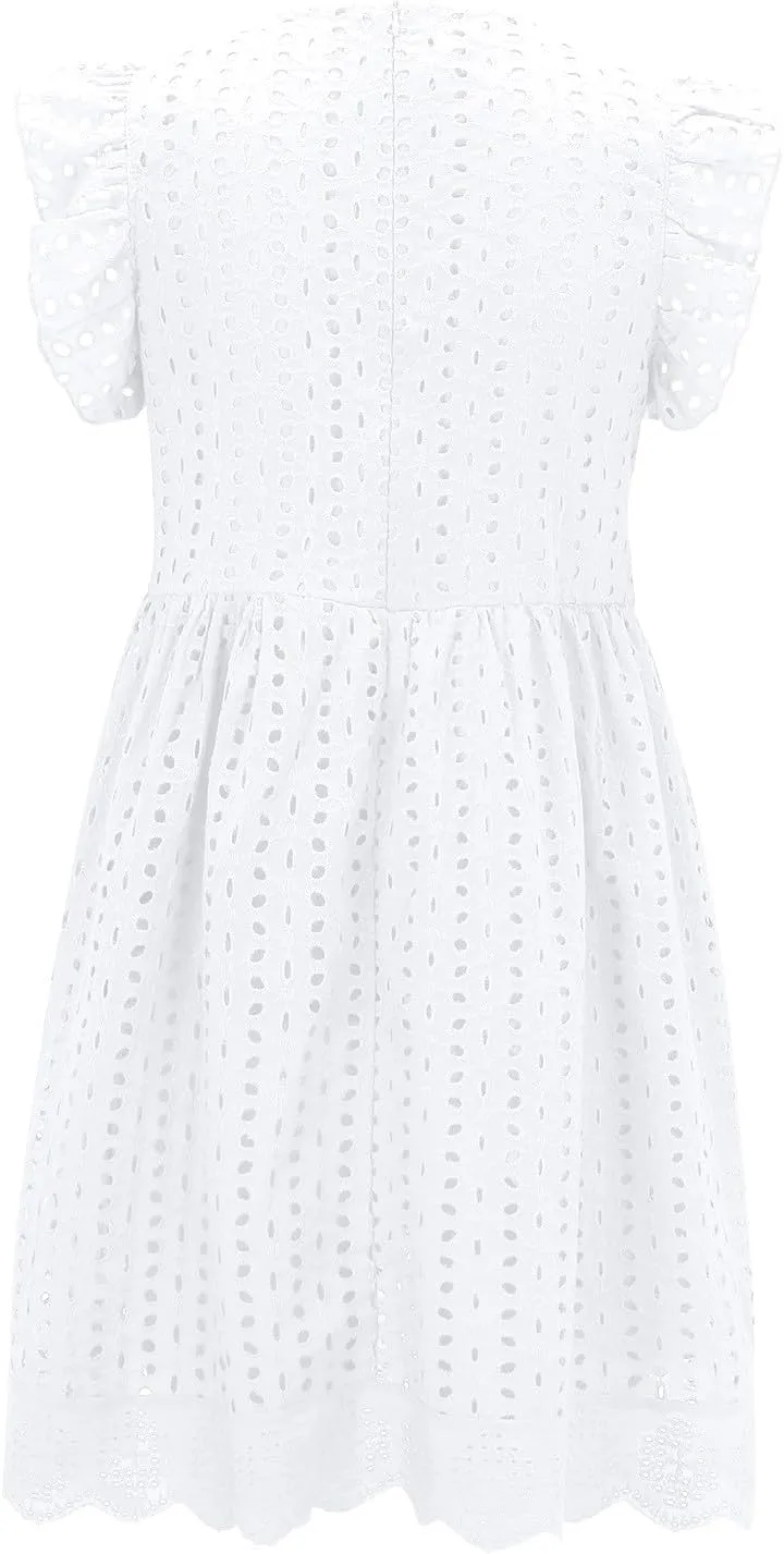 Eyelet Summer Dresses for Women 2025 Sexy V Neck Sleeveless Ruffle Lace Mini Dress Loose Beach Vacation Sundresses
