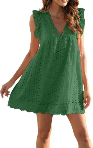 Eyelet Summer Dresses for Women 2025 Sexy V Neck Sleeveless Ruffle Lace Mini Dress Loose Beach Vacation Sundresses