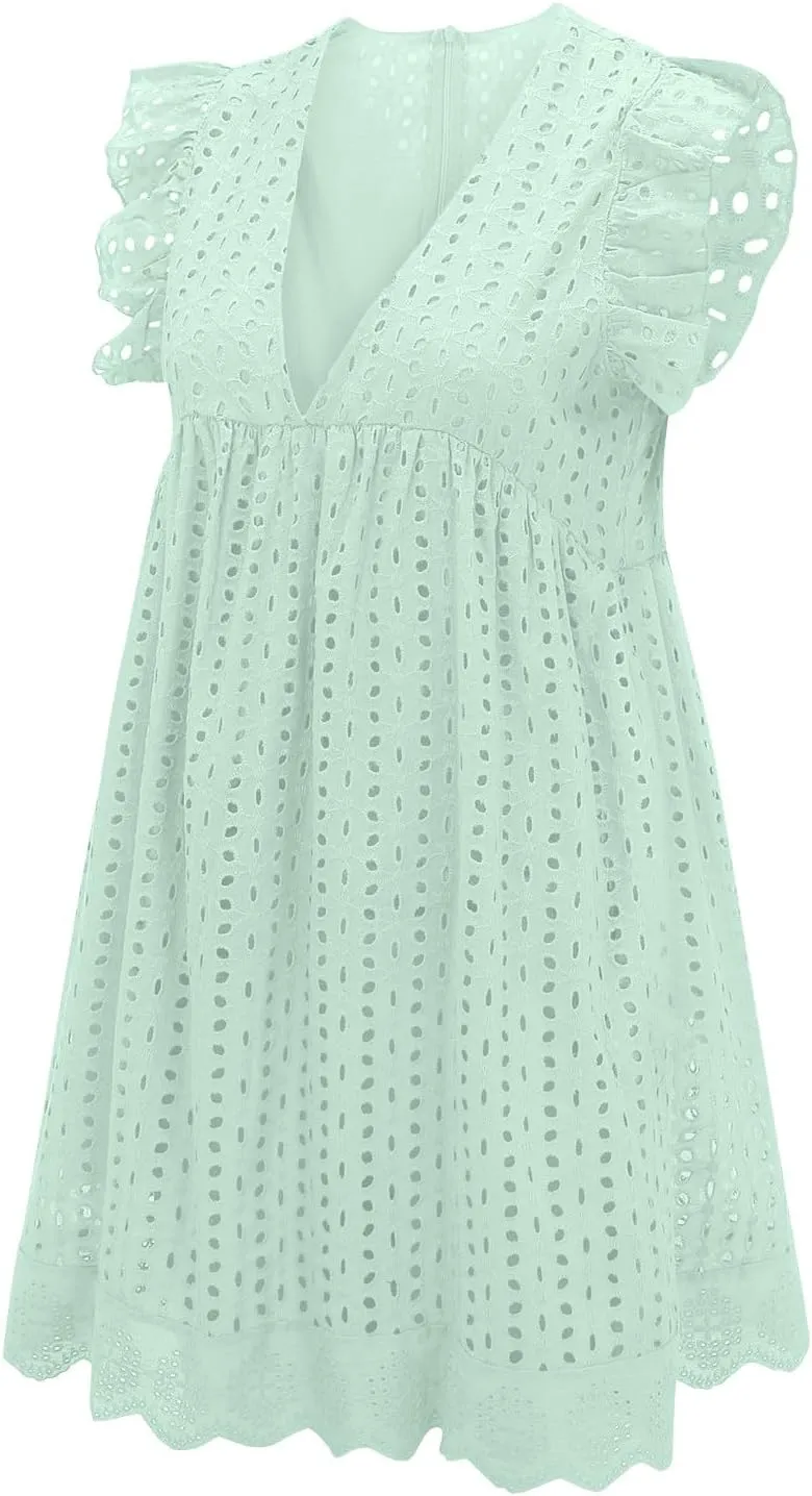 Eyelet Summer Dresses for Women 2025 Sexy V Neck Sleeveless Ruffle Lace Mini Dress Loose Beach Vacation Sundresses
