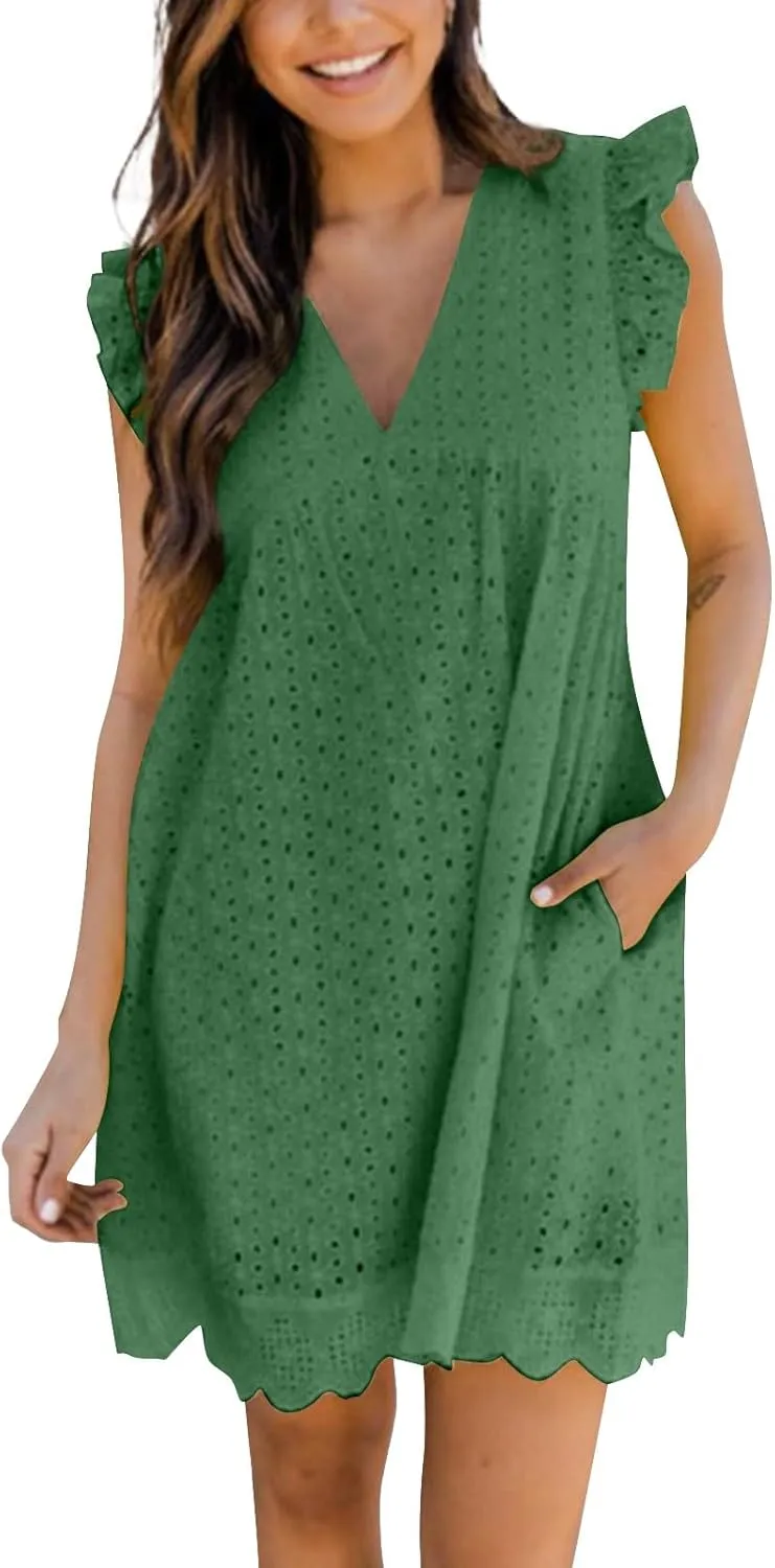 Eyelet Summer Dresses for Women 2025 Sexy V Neck Sleeveless Ruffle Lace Mini Dress Loose Beach Vacation Sundresses