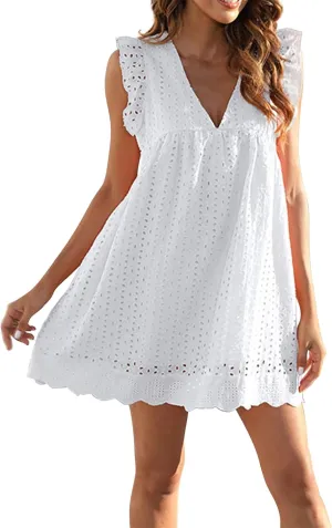 Eyelet Summer Dresses for Women 2025 Sexy V Neck Sleeveless Ruffle Lace Mini Dress Loose Beach Vacation Sundresses