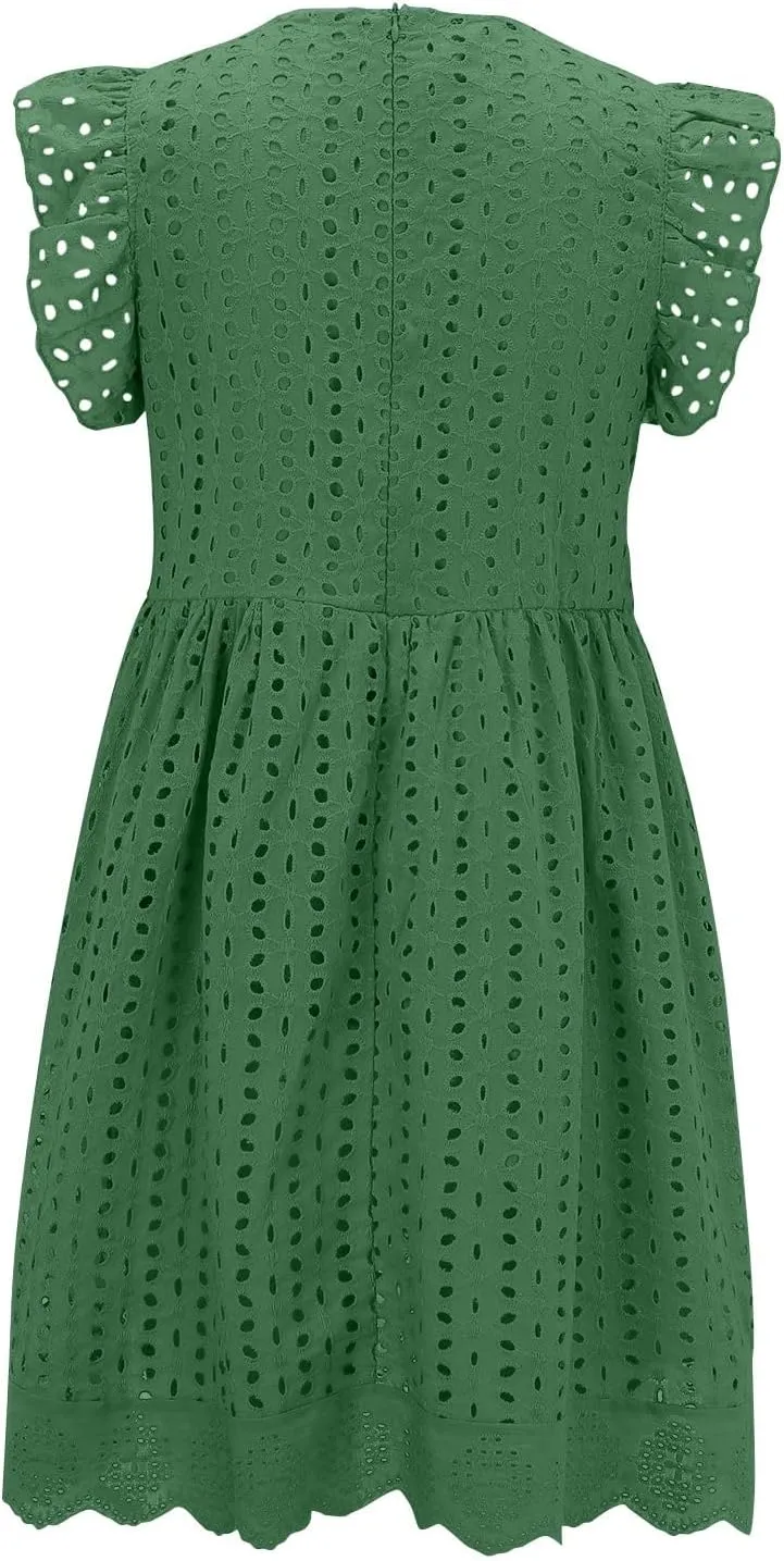 Eyelet Summer Dresses for Women 2025 Sexy V Neck Sleeveless Ruffle Lace Mini Dress Loose Beach Vacation Sundresses