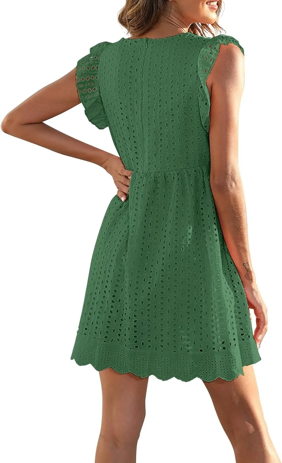 Eyelet Summer Dresses for Women 2025 Sexy V Neck Sleeveless Ruffle Lace Mini Dress Loose Beach Vacation Sundresses