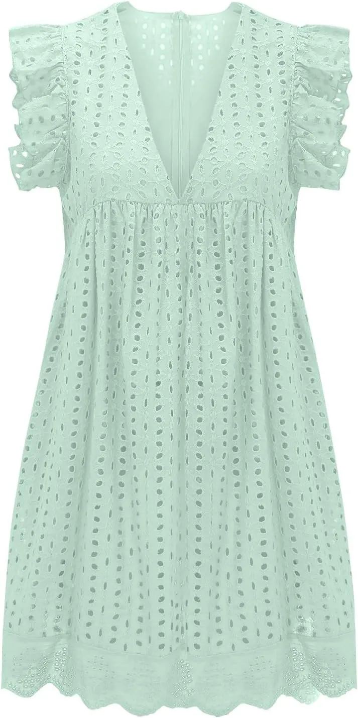 Eyelet Summer Dresses for Women 2025 Sexy V Neck Sleeveless Ruffle Lace Mini Dress Loose Beach Vacation Sundresses