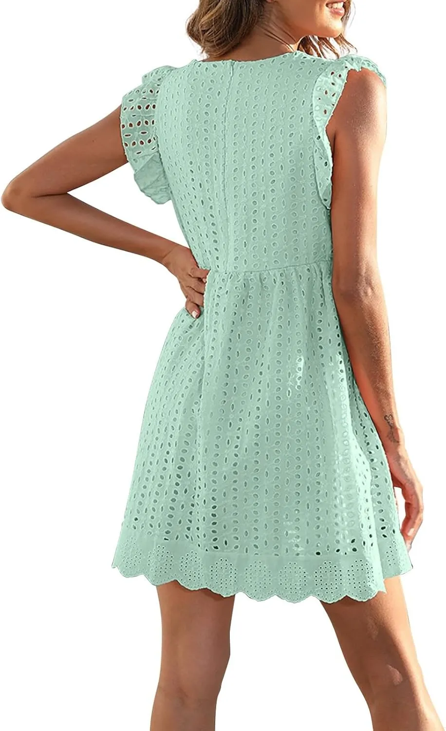 Eyelet Summer Dresses for Women 2025 Sexy V Neck Sleeveless Ruffle Lace Mini Dress Loose Beach Vacation Sundresses