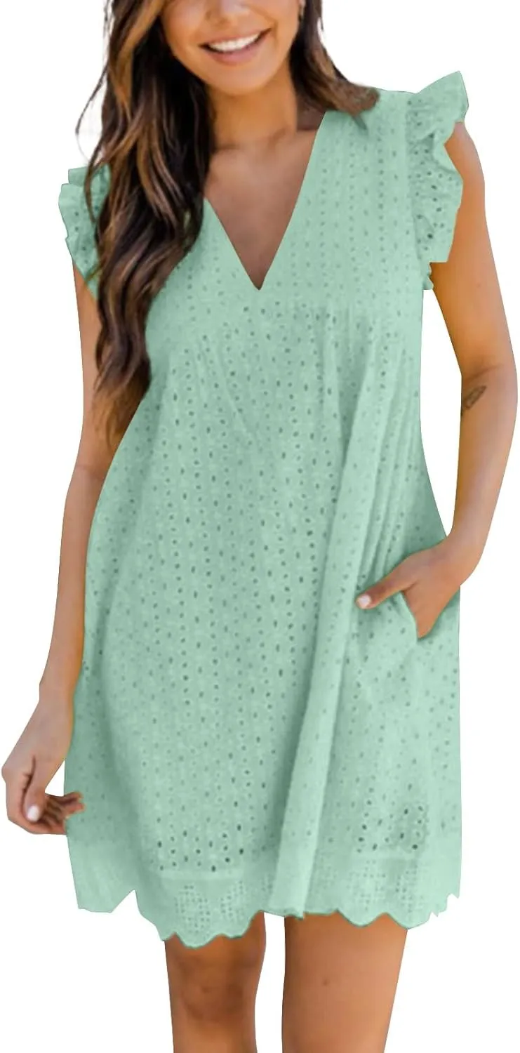 Eyelet Summer Dresses for Women 2025 Sexy V Neck Sleeveless Ruffle Lace Mini Dress Loose Beach Vacation Sundresses