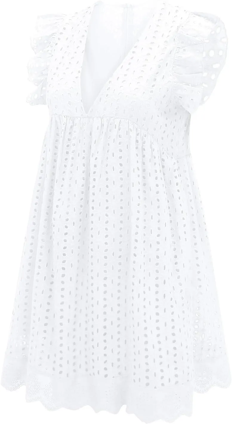 Eyelet Summer Dresses for Women 2025 Sexy V Neck Sleeveless Ruffle Lace Mini Dress Loose Beach Vacation Sundresses
