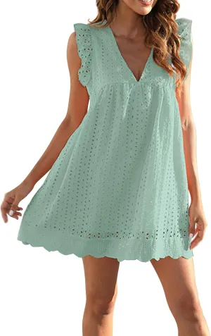 Eyelet Summer Dresses for Women 2025 Sexy V Neck Sleeveless Ruffle Lace Mini Dress Loose Beach Vacation Sundresses