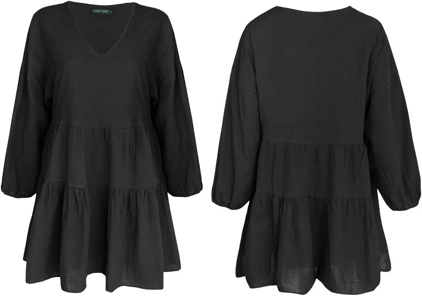 FANCYINN Cute Shift Tunic Dress for Women Ruffle Swing Babydoll Mini Long Sleevee Dress with Pockets
