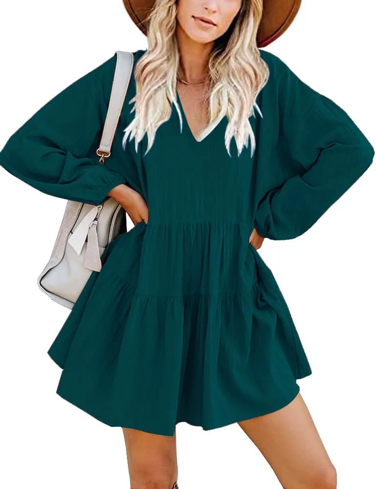 FANCYINN Cute Shift Tunic Dress for Women Ruffle Swing Babydoll Mini Long Sleevee Dress with Pockets