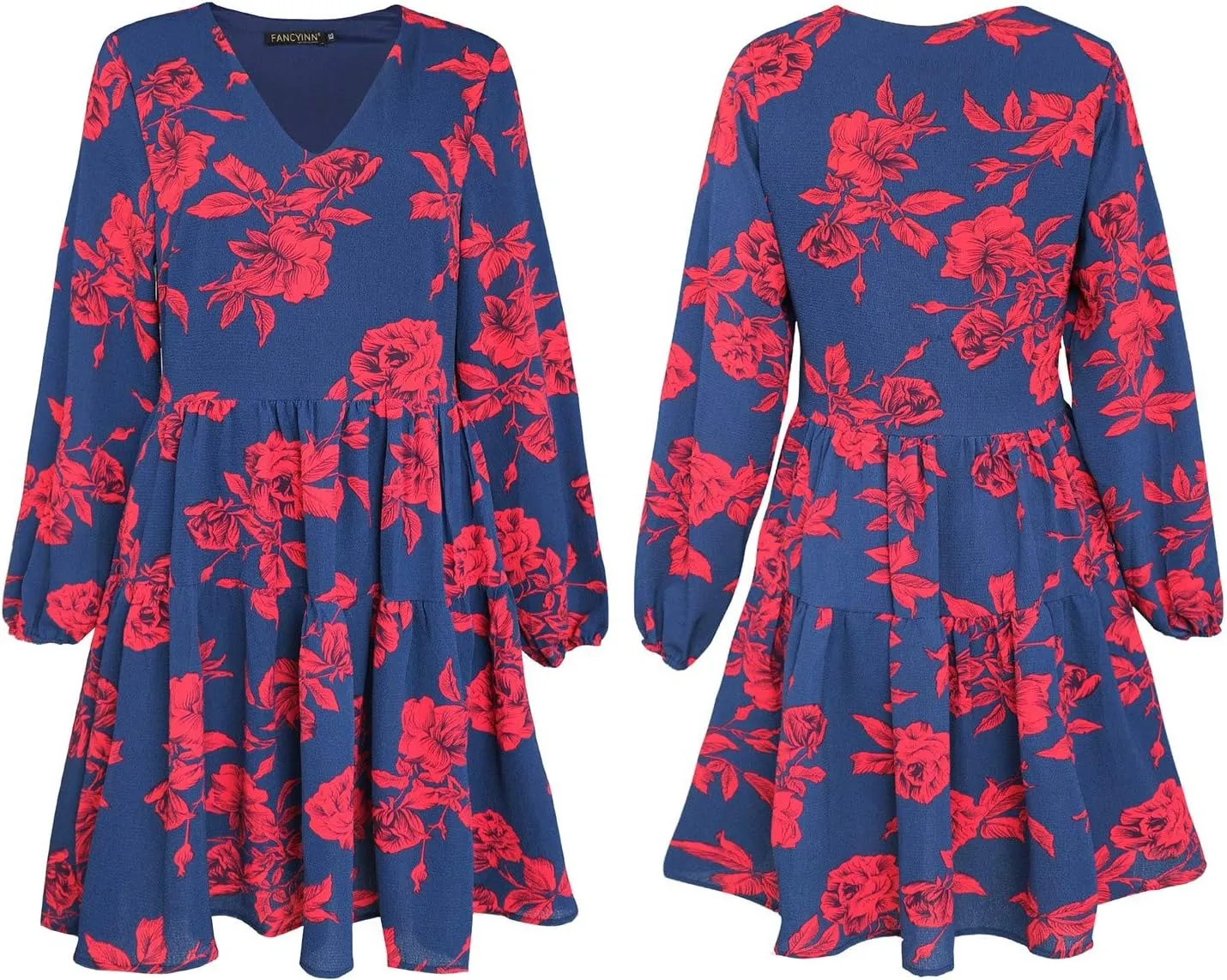 FANCYINN Cute Shift Tunic Dress for Women Ruffle Swing Babydoll Mini Long Sleevee Dress with Pockets