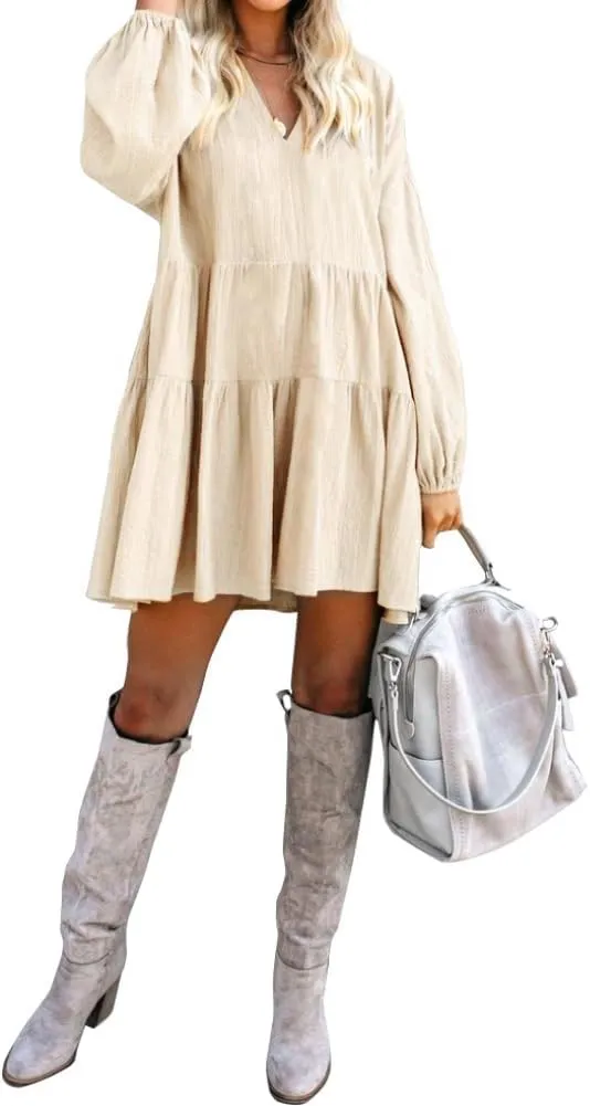 FANCYINN Cute Shift Tunic Dress for Women Ruffle Swing Babydoll Mini Long Sleevee Dress with Pockets
