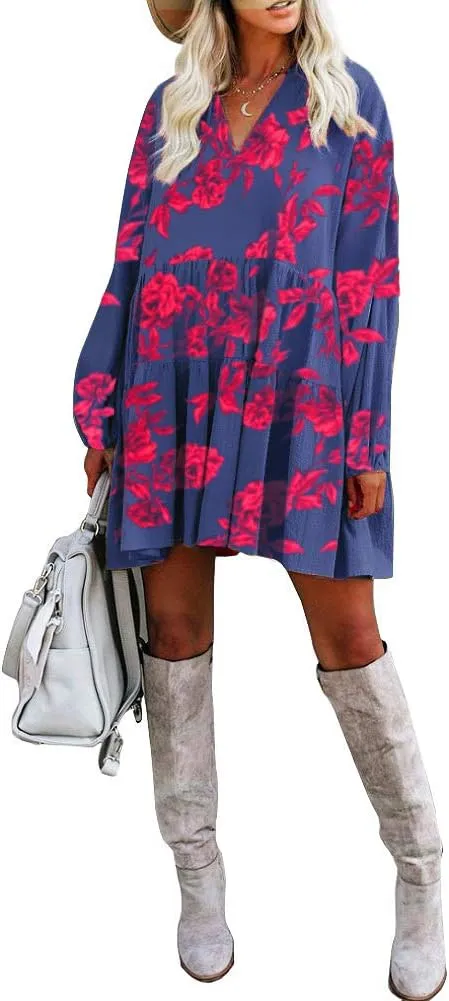 FANCYINN Cute Shift Tunic Dress for Women Ruffle Swing Babydoll Mini Long Sleevee Dress with Pockets