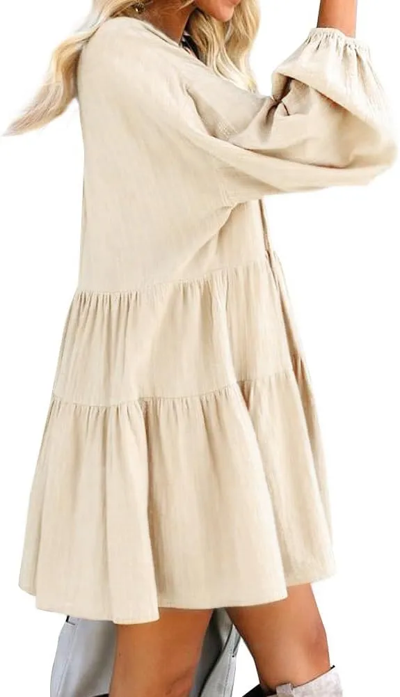 FANCYINN Cute Shift Tunic Dress for Women Ruffle Swing Babydoll Mini Long Sleevee Dress with Pockets