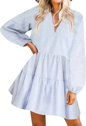FANCYINN Cute Shift Tunic Dress for Women Ruffle Swing Babydoll Mini Long Sleevee Dress with Pockets