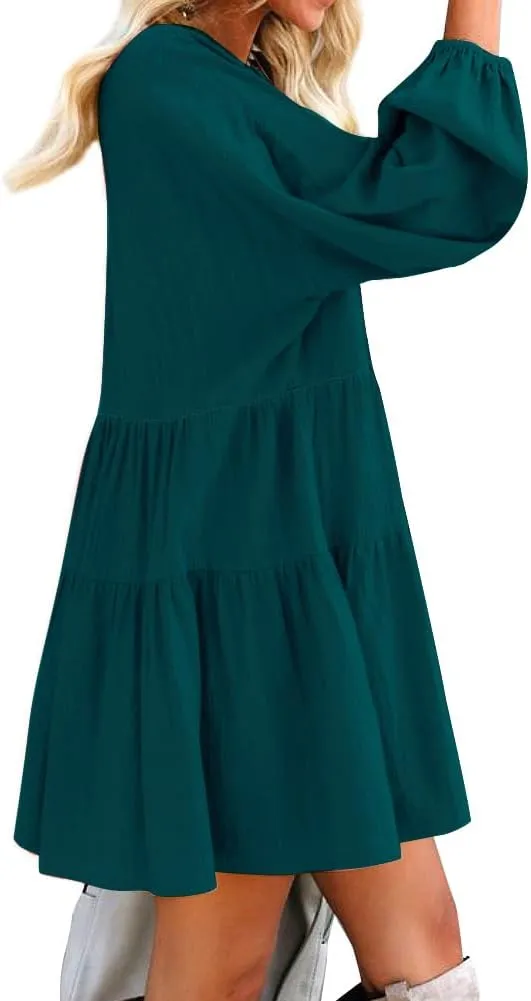 FANCYINN Cute Shift Tunic Dress for Women Ruffle Swing Babydoll Mini Long Sleevee Dress with Pockets