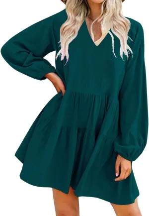 FANCYINN Cute Shift Tunic Dress for Women Ruffle Swing Babydoll Mini Long Sleevee Dress with Pockets