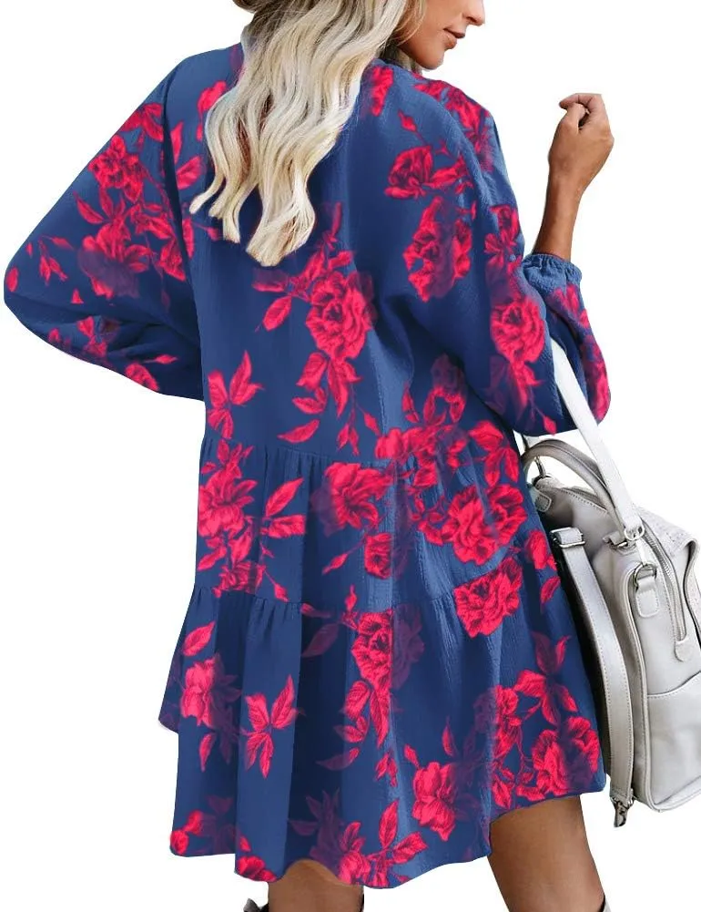 FANCYINN Cute Shift Tunic Dress for Women Ruffle Swing Babydoll Mini Long Sleevee Dress with Pockets