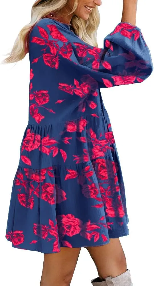 FANCYINN Cute Shift Tunic Dress for Women Ruffle Swing Babydoll Mini Long Sleevee Dress with Pockets