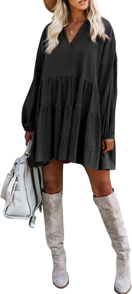 FANCYINN Cute Shift Tunic Dress for Women Ruffle Swing Babydoll Mini Long Sleevee Dress with Pockets