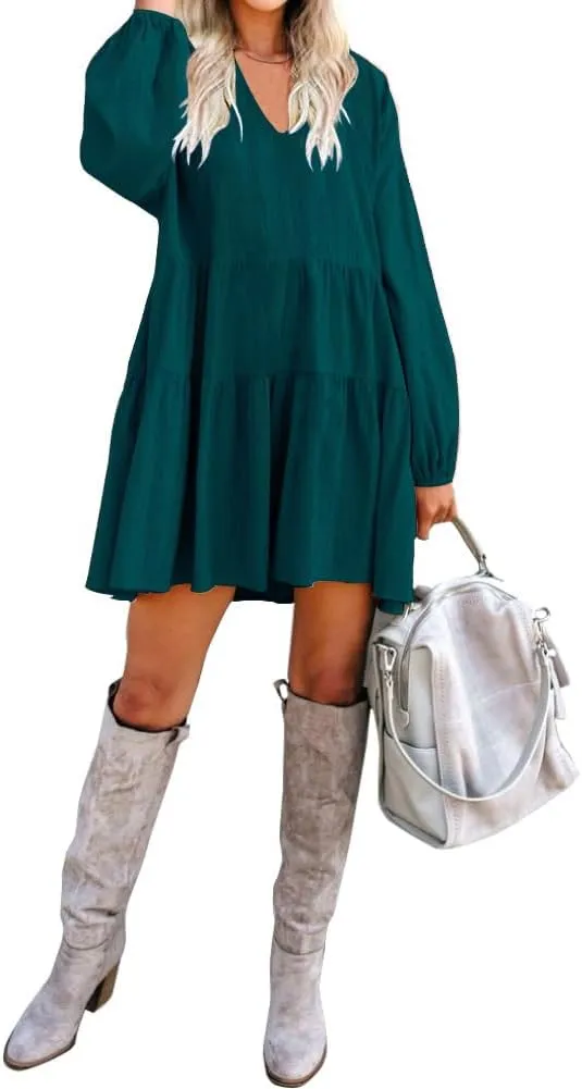FANCYINN Cute Shift Tunic Dress for Women Ruffle Swing Babydoll Mini Long Sleevee Dress with Pockets