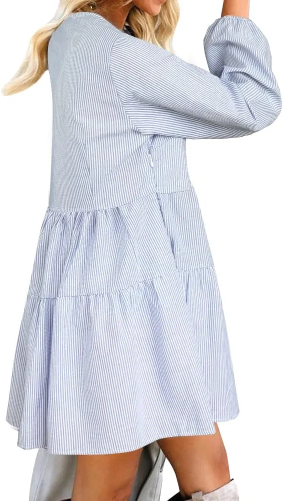 FANCYINN Cute Shift Tunic Dress for Women Ruffle Swing Babydoll Mini Long Sleevee Dress with Pockets