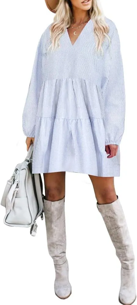 FANCYINN Cute Shift Tunic Dress for Women Ruffle Swing Babydoll Mini Long Sleevee Dress with Pockets