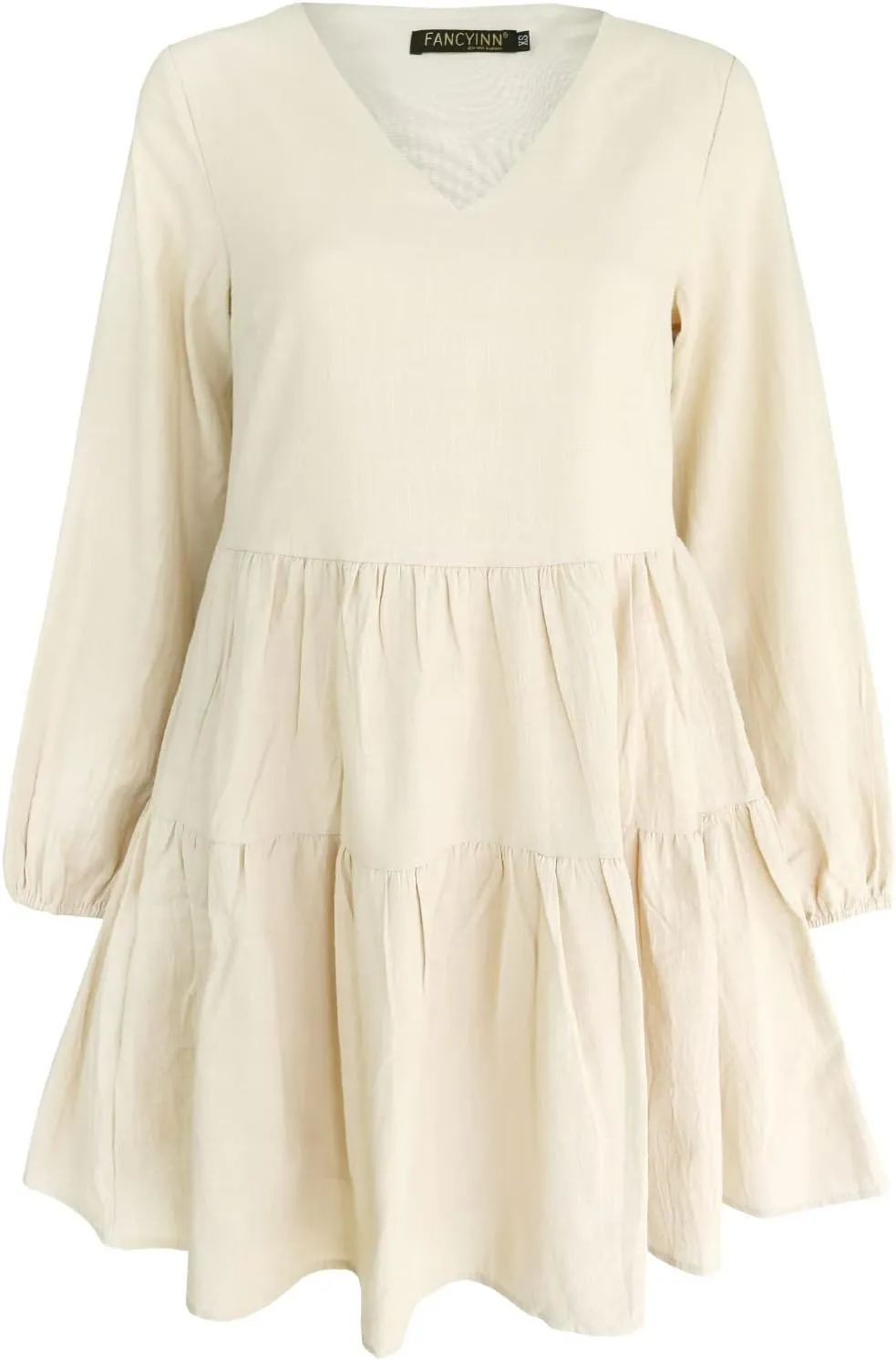 FANCYINN Cute Shift Tunic Dress for Women Ruffle Swing Babydoll Mini Long Sleevee Dress with Pockets