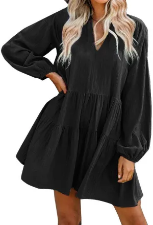 FANCYINN Cute Shift Tunic Dress for Women Ruffle Swing Babydoll Mini Long Sleevee Dress with Pockets