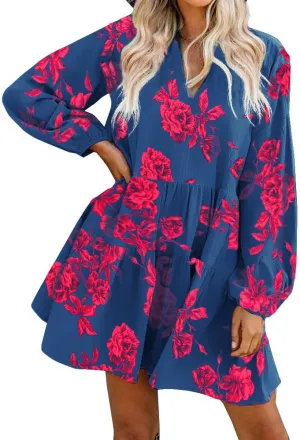 FANCYINN Cute Shift Tunic Dress for Women Ruffle Swing Babydoll Mini Long Sleevee Dress with Pockets