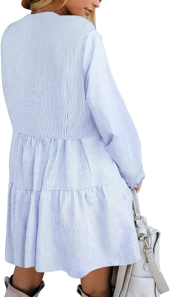FANCYINN Cute Shift Tunic Dress for Women Ruffle Swing Babydoll Mini Long Sleevee Dress with Pockets