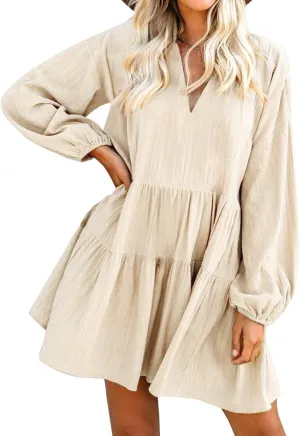 FANCYINN Cute Shift Tunic Dress for Women Ruffle Swing Babydoll Mini Long Sleevee Dress with Pockets