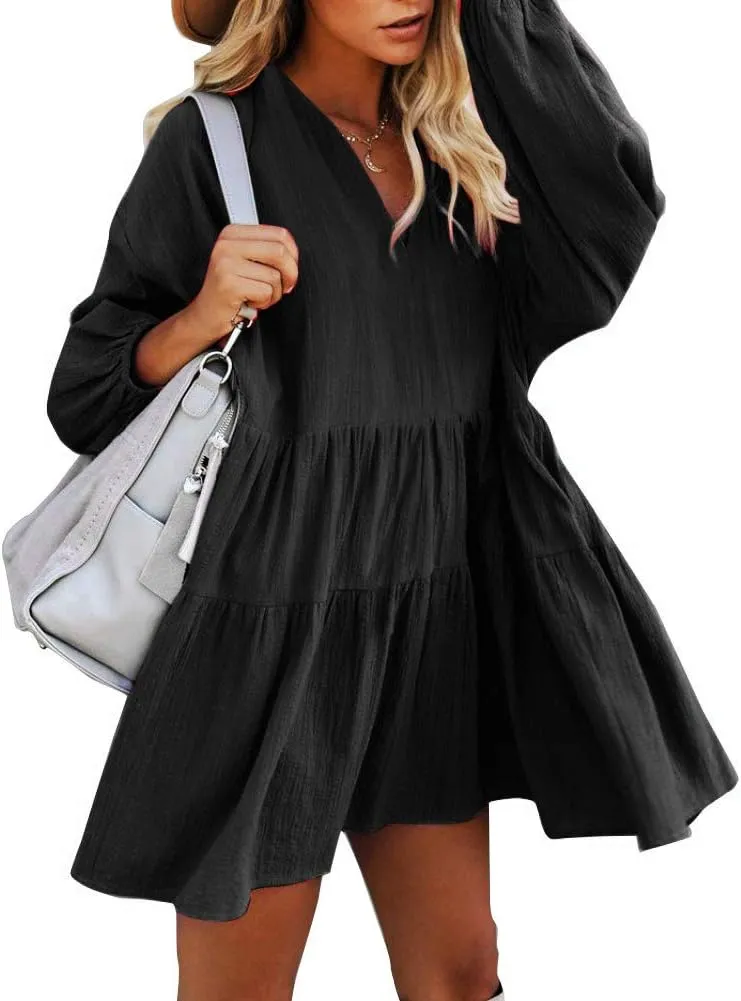FANCYINN Cute Shift Tunic Dress for Women Ruffle Swing Babydoll Mini Long Sleevee Dress with Pockets