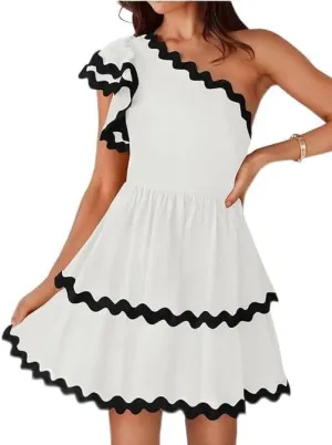 Faretumiya Y2k Summer One Shoulder Dress for Women Ruffle Short Sleeve Tiered Flowy Boho Mini Dress Going Out Bohemian