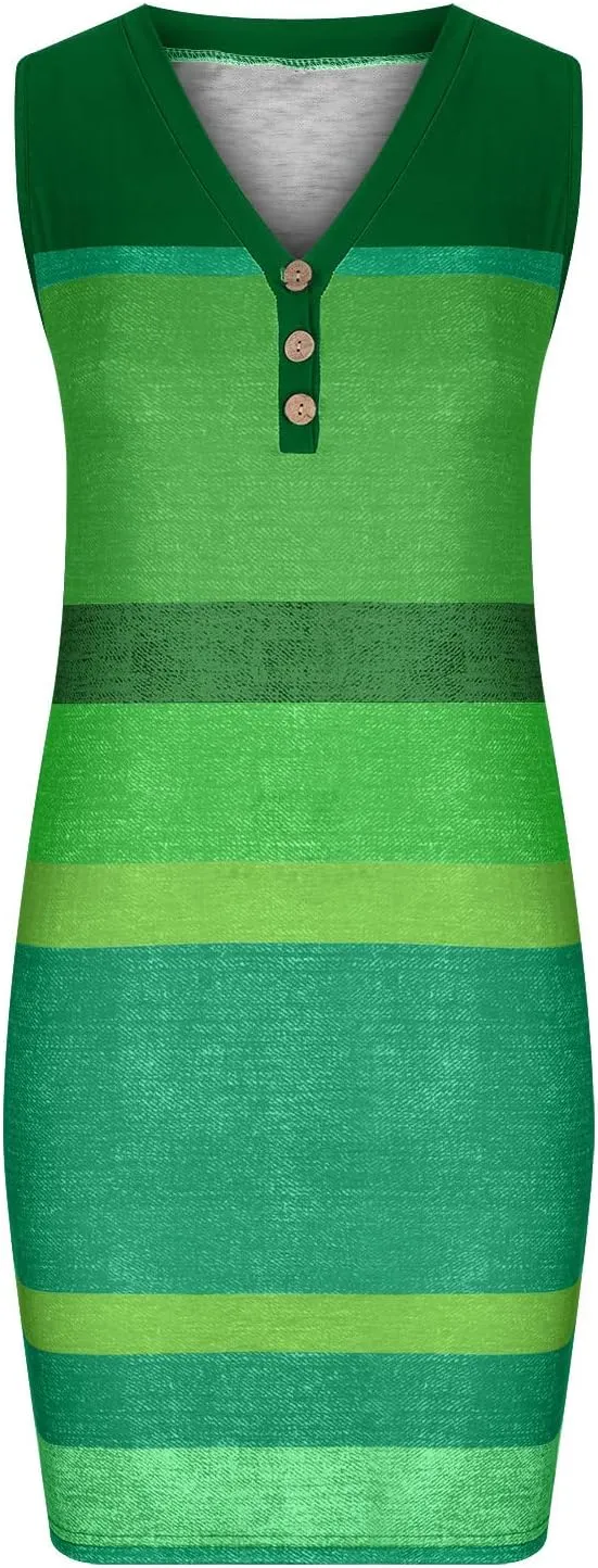 Firzero Women V Neck Beach Dress Botton Down Sleeveless Striped Mini Dresses Plus Size Summer Casual Crewneck Tank Dresses