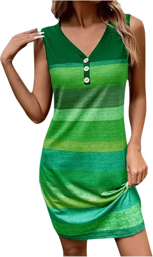 Firzero Women V Neck Beach Dress Botton Down Sleeveless Striped Mini Dresses Plus Size Summer Casual Crewneck Tank Dresses