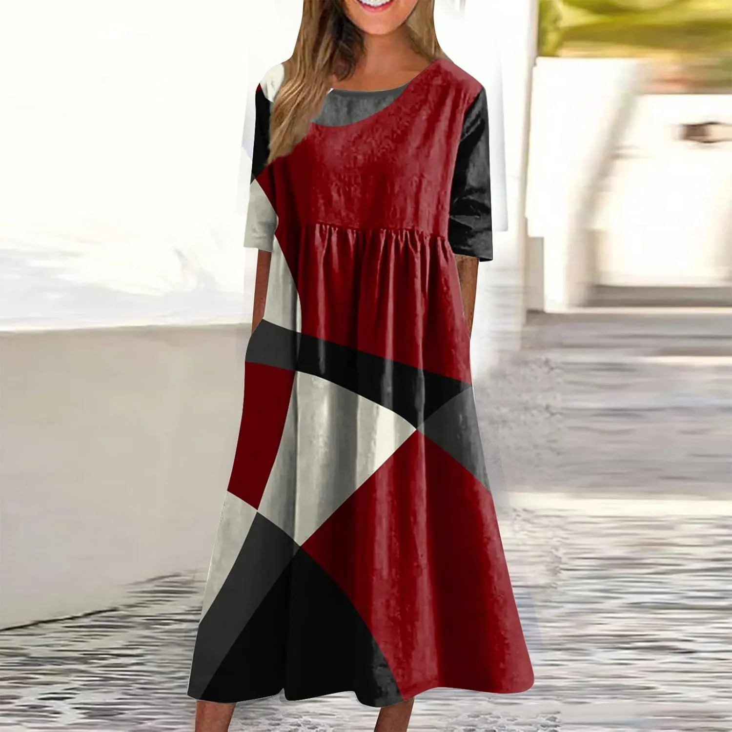FlekmanArt Dresses for Women 2024 Round Neck Pocket Long Dresses Pleated Printed Dresses Short Sleeve Casual Beach Dress